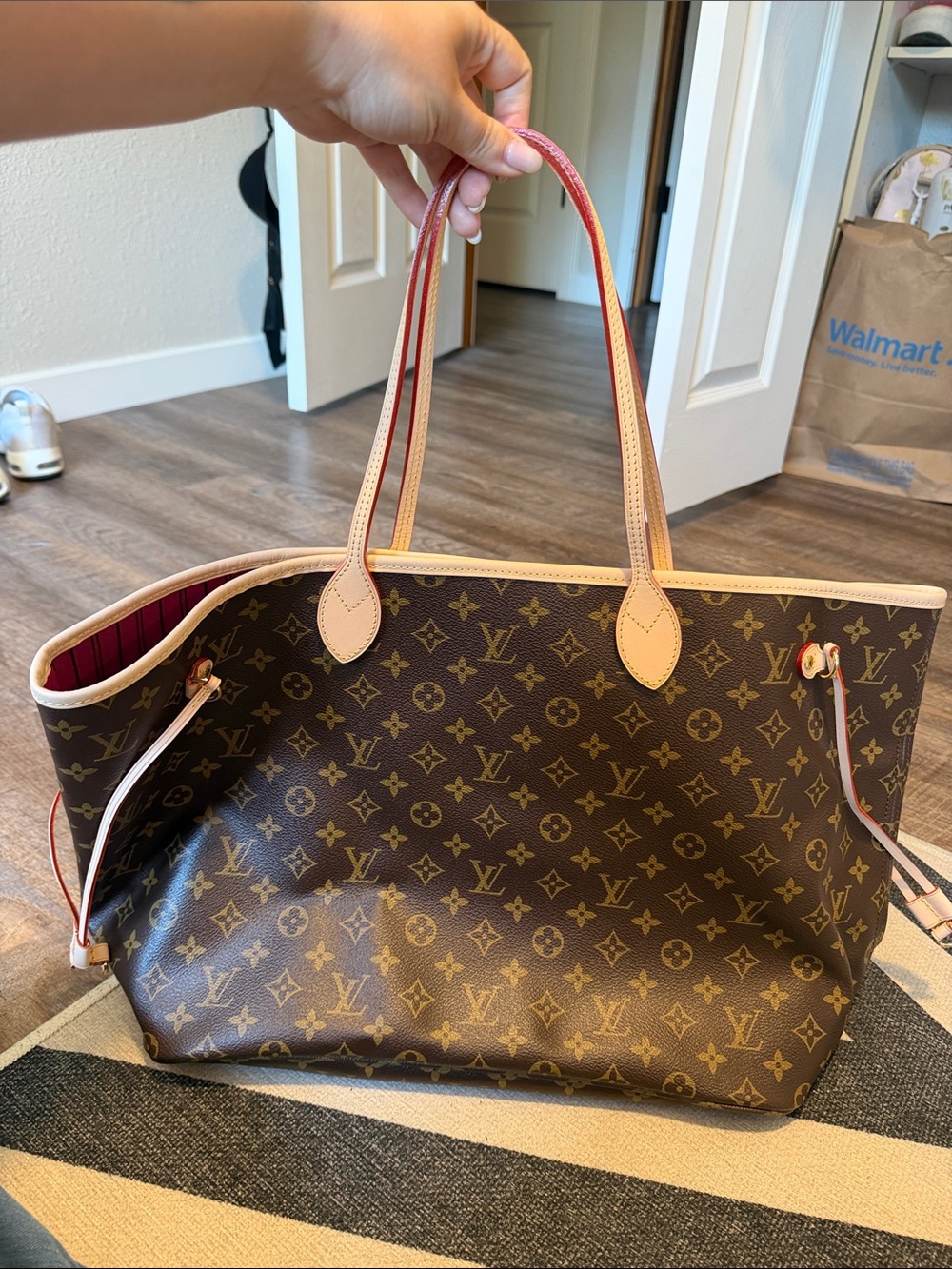 Luxury Pink-Striped Tote with Monogram Pouch GM size